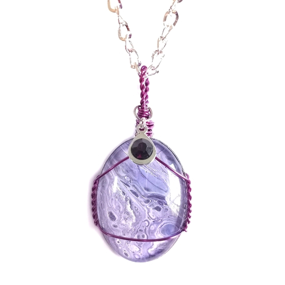 Purple acrylic paint pour pendant on 20" silver necklace with amethyst charm